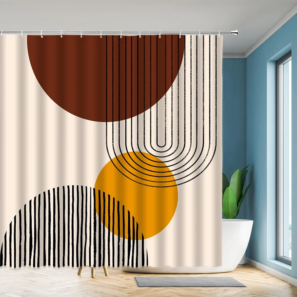 Mid Century Shower Curtain Black Gray Tan Abstract Sun Geometric Neutral Rustic Modern Arch Fabric Bathroom Decor Set Hooks 4