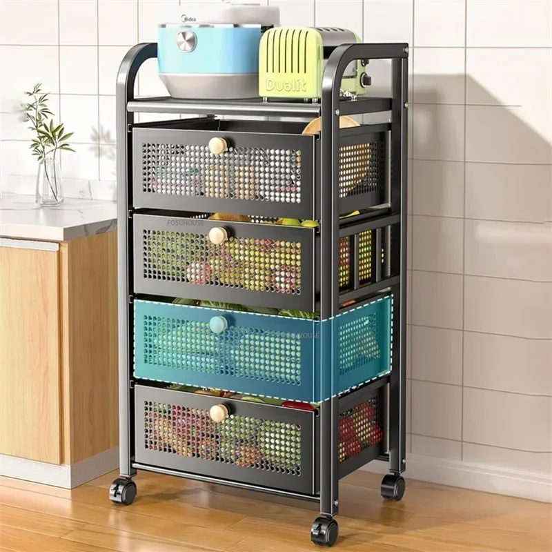 Kitchen Trolleys Floor Shelf with Drawer Multilayer Utility Car Multi-functional Fruit Vegetable Microwave Cart with Wheelst Z