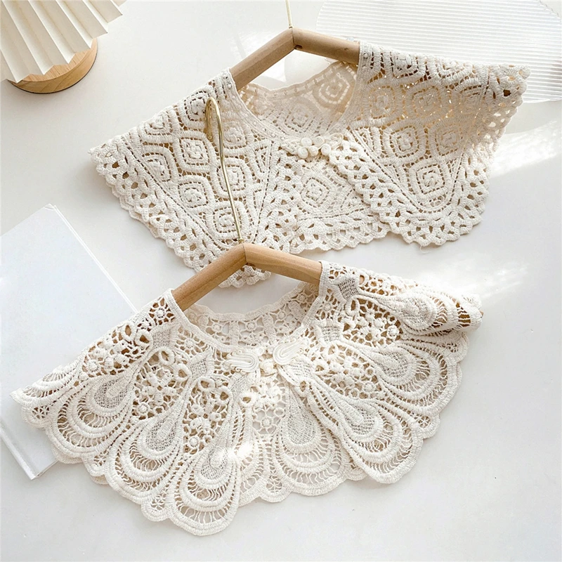 Vintage Women Hollow Lace Crochet Fake Collar Round Neck Knit Shawl Detachable Mesh Scarf Wrap Lolita Girls