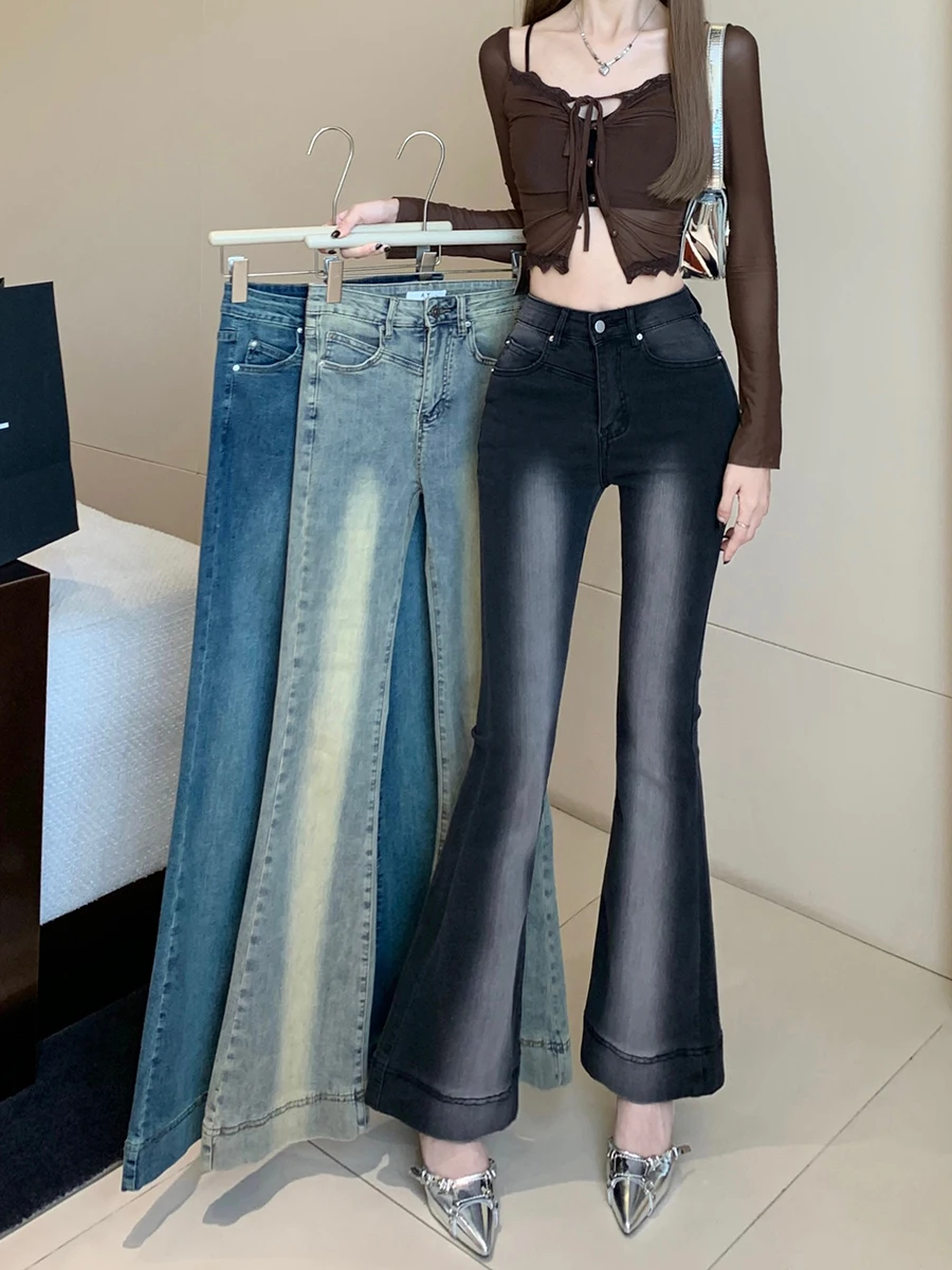 Real time photo of washed black retro jeans for women in autumn with floor mopping micro speakers, high waisted slim fitting and real time 2023 autumn winter jeans women s retro blue pants casual new straight tube washed old drawstring loose wide legs