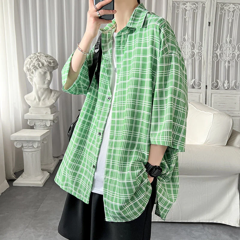 

Plaid for Mens Street Trend 7 Points Sleeve Tops Shirts All-match Casual Thin Outfits Oversize Loose Men's Clothes Four Seasons