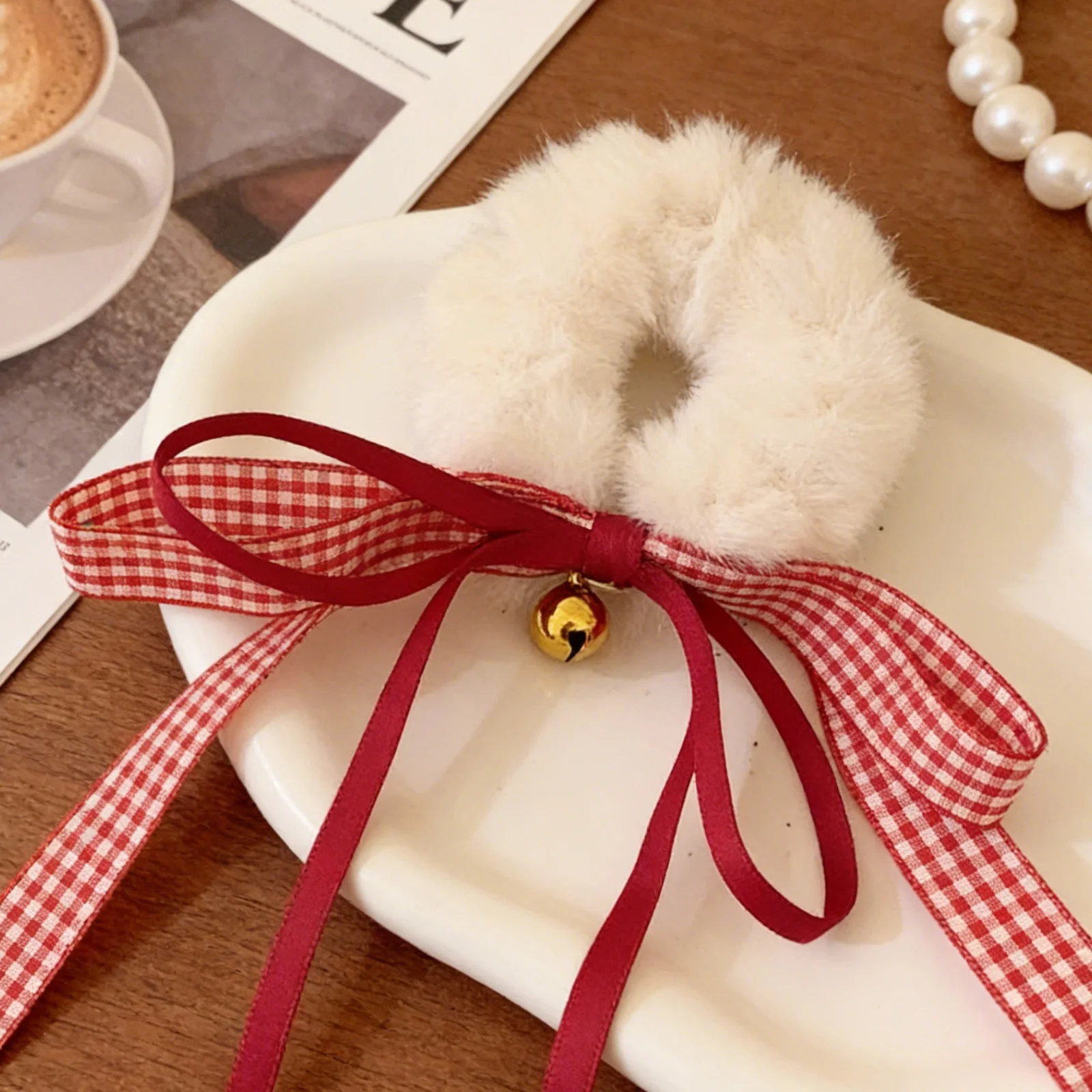 1PC New Year Fuzzy Scrunchie With Bow, Red Gingham Ribbon Hair Tie,Cute Bell Decor Hair Accessory For Women,Festive Elastic Hair