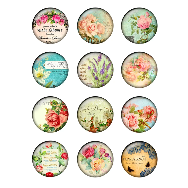 

12pcs/lot Flower Birds Butterfly Pattern Glass Cabochons 10mm 12mm 25mm Glass Dome for DIY Jewelry Making Earrings Findings T148