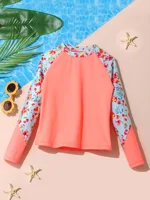 Kids Girls Print Swim Top Mock Neck Long Sleeve Swimsuit UPF50+ Rash Guard T-shirt Top Pool Beach Bathing Suit Children Swimwear 2