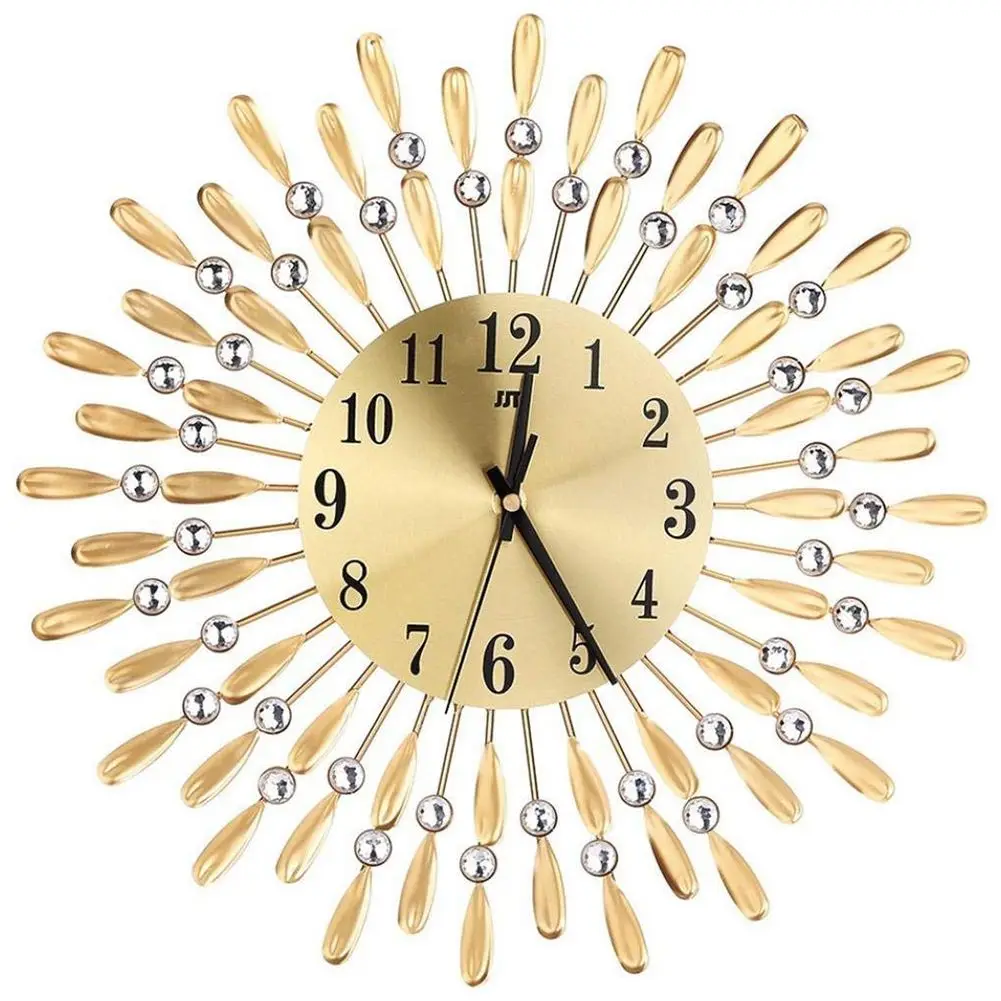 

15 inch 3D Large Wall Clock Shiny Rhinestone Sun Style Modern Living Room Decor (Gold)