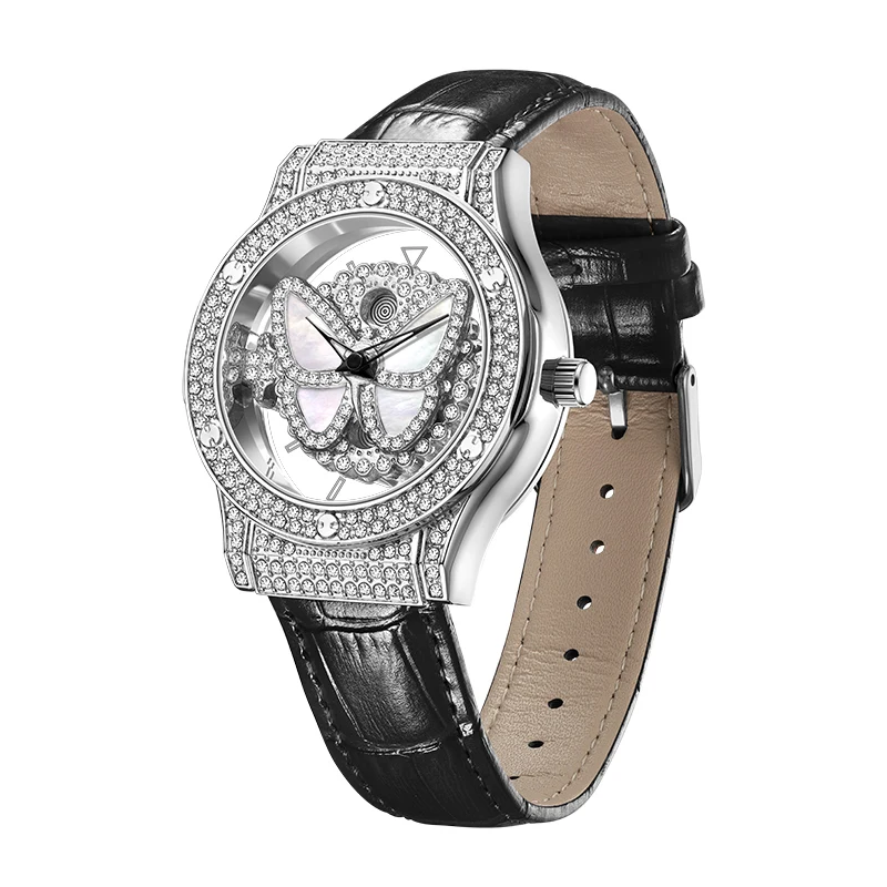 

Fashion Women Watch Quartz Wrist Watches For Ladies Rotate Butterfly Diamond Dial Clock Classic Black White Leather Wristwatch