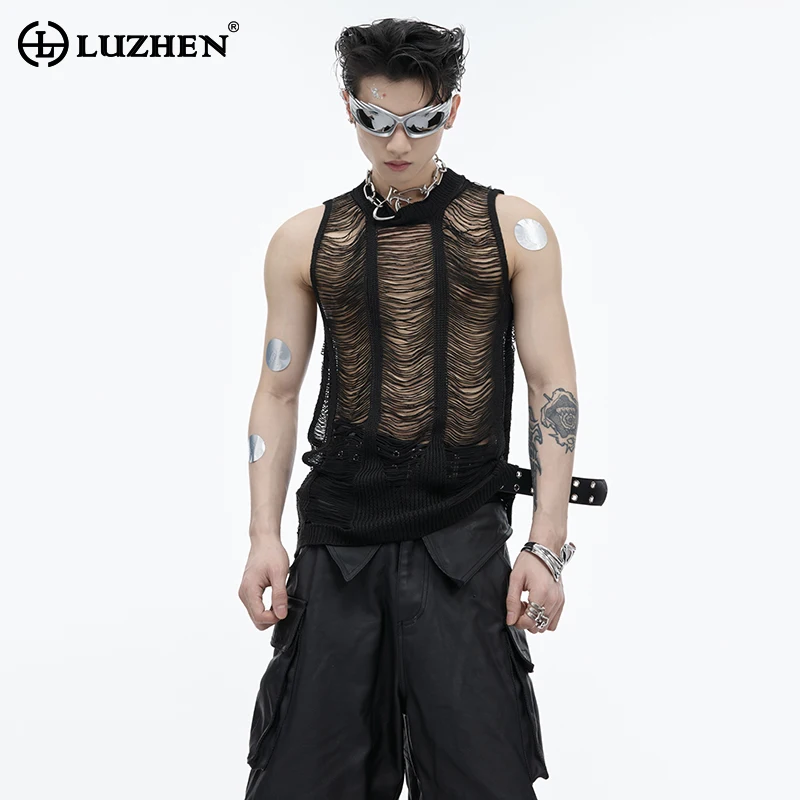 

LUZHEN Stylish Sexy Hollow Out Splicing Design Sleeveless Tank Tops Men 2024 New Original High Street Perspective T Shirt LZ4014