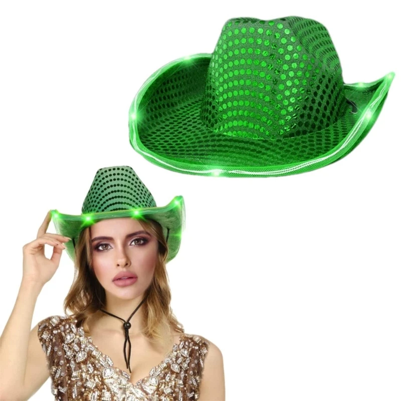 Glowing Sequins Cowboy Hat Wide Brim LED Light Up Brim Hat Woman