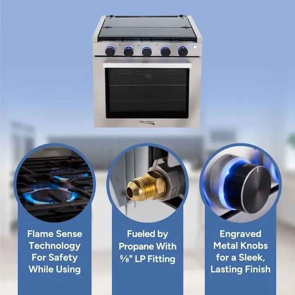 Gas Range Stove 21" Tall 6500/8000 BTU Three Burner 7100 BTU Oven 1.8 Cu. Ft Capacity Optional Vented Stainless Steel/Black RV