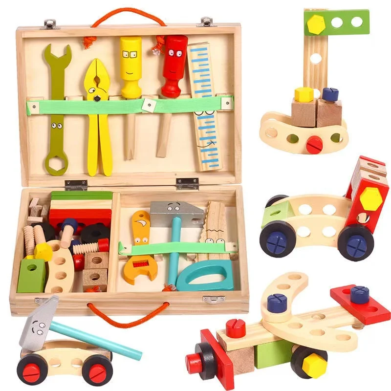 Plastic Wooden Toolbox Pretend Play Educational Montessori Kids Toys Set Children Nut Screw Assembly Simulation Carpenter Tools