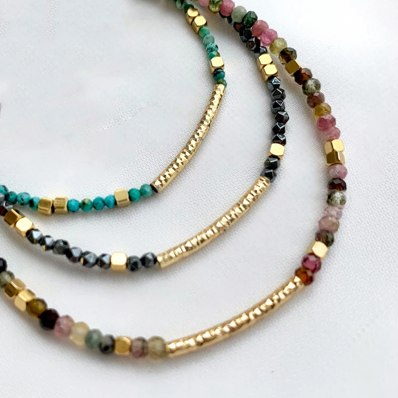 

Delicate Simple Colorful Tourmaline Agate African Turquoise Arm Accessories Handmade Gold Bead Embellishment Adjustable Bracelet