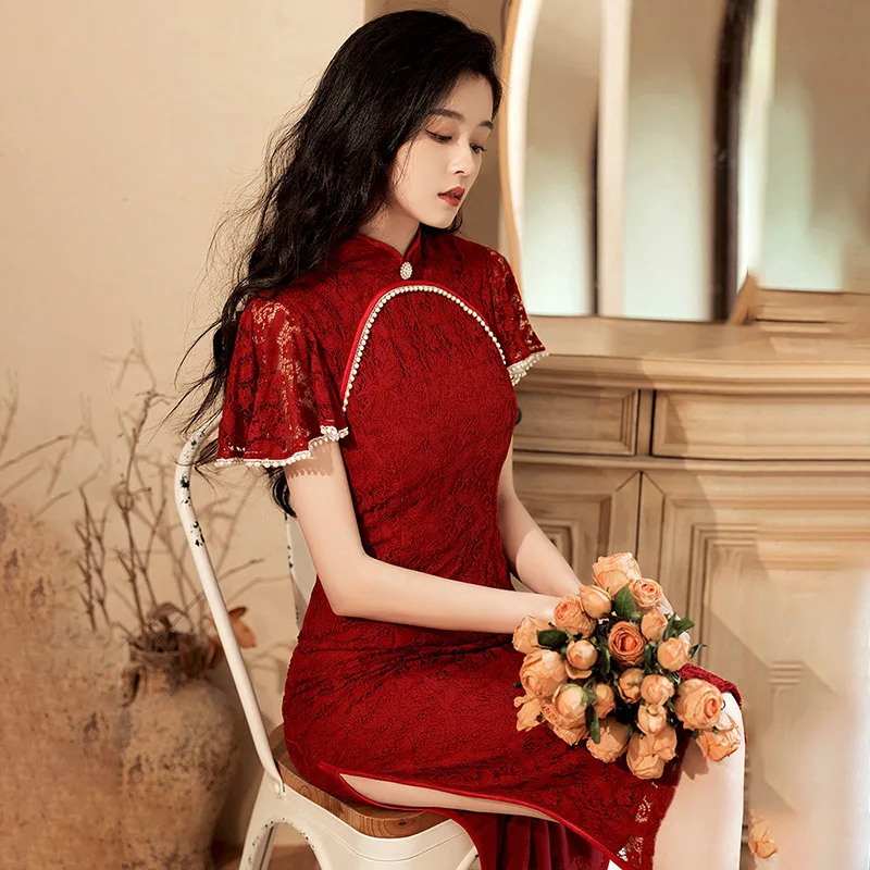 

Elegant Lace Qipao Vintage Chinese Dresses Sexy Cheongsams Women Summer New Vestidos Long Dress Improved Bride Banquet Gown