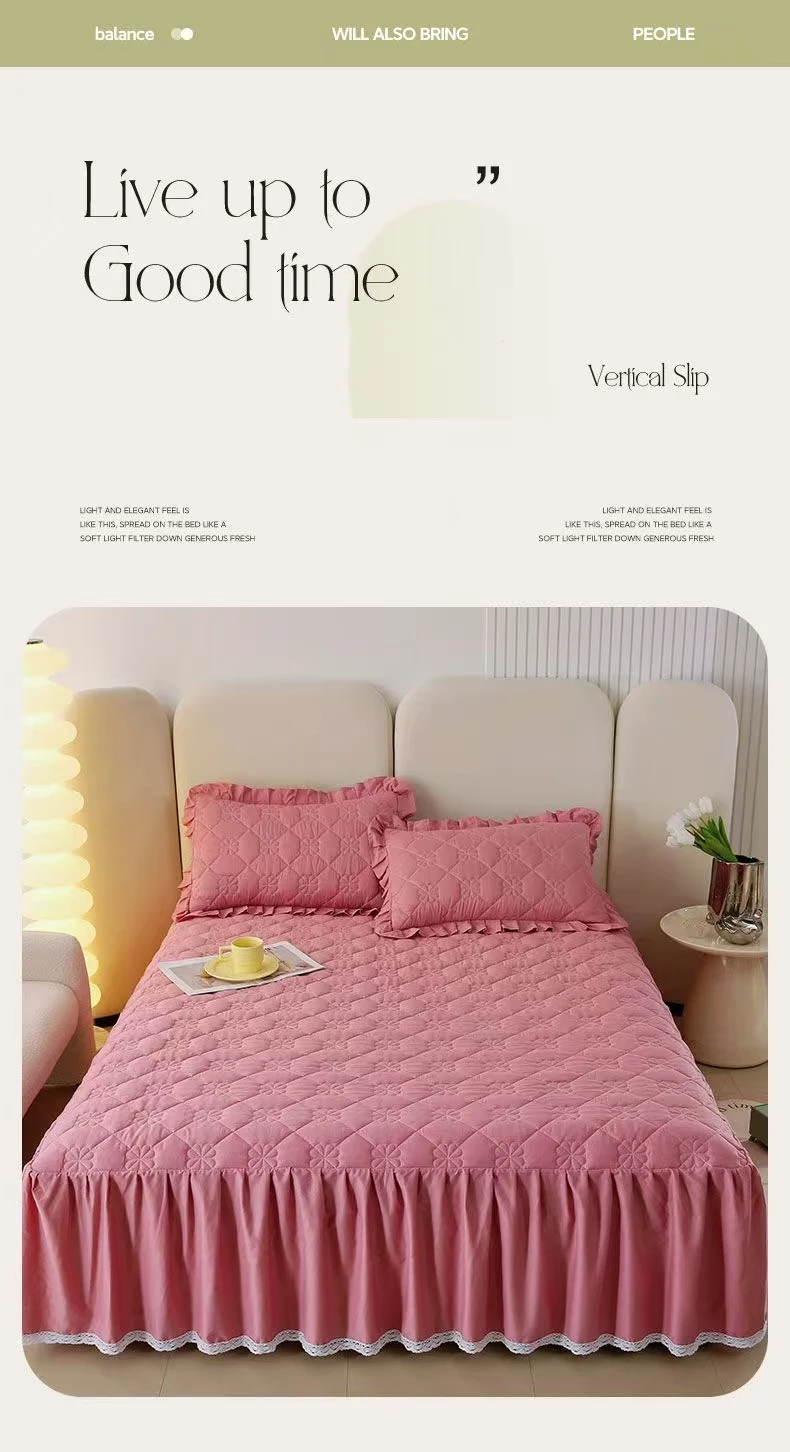 Description Picture 3 of itemLace Border Bed Skirt Mattress Protector Thickened Anti-slip Queen Double Single Bedspread Full Size Solid Color(No Pillowcase)