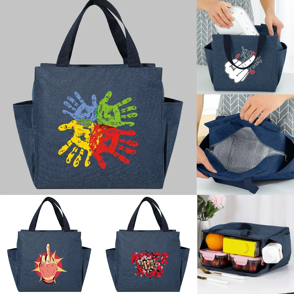 Portable Insulated Lunch Cooler Bag Hand Series Printed Dinner Bags Multifunction Large Capacity School Picnic Thermal Food Pack