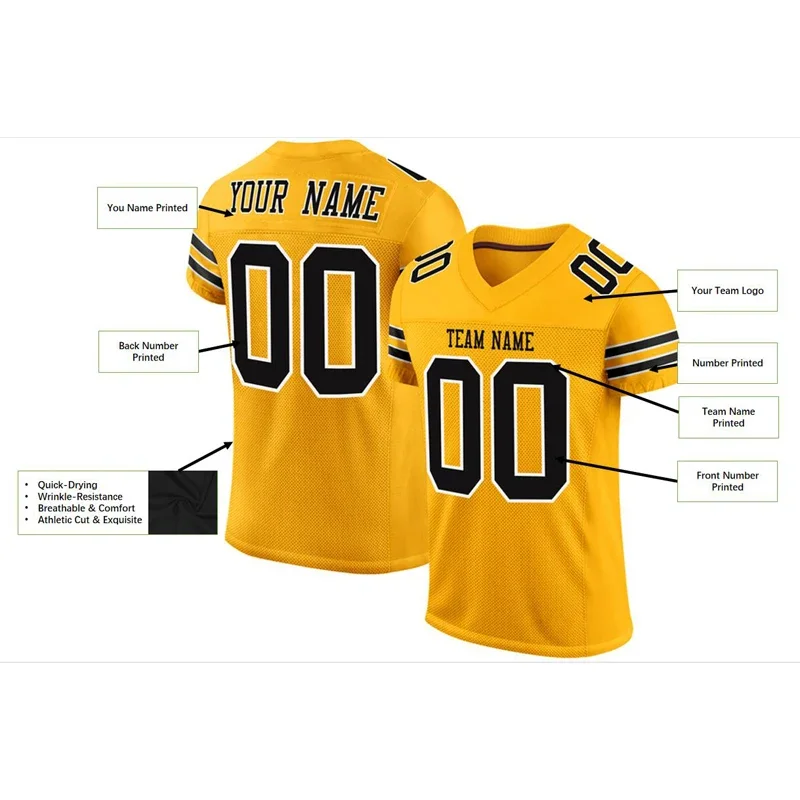 Yellow Polyester Customized Football Jersey for Men Personlized Football Short Sleeves Athletic Tee Shirts Unisex Top