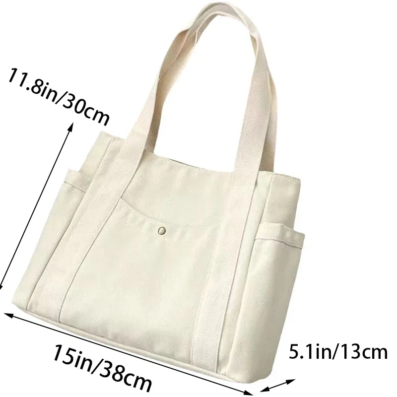 Canvas Commuter Women's Bag Large Capacity Multi Outer Pocket Zip Shoulder Bag Student Shopping Tote Bag