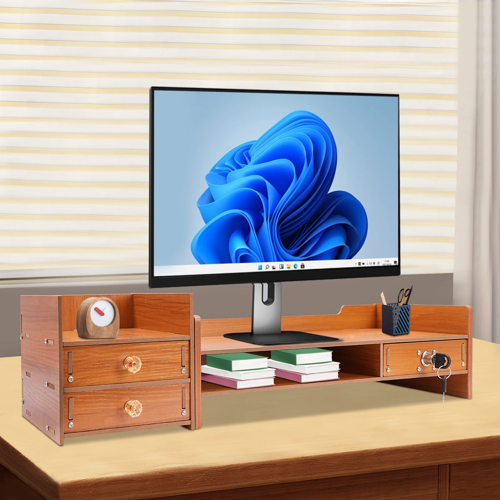 Wood Monitor Stand Riser 2 Tiers Exquisite Monitor Stand w/ Drawer Laptop Computer Monitor Riser for PC Screen Ergonomic Height 5