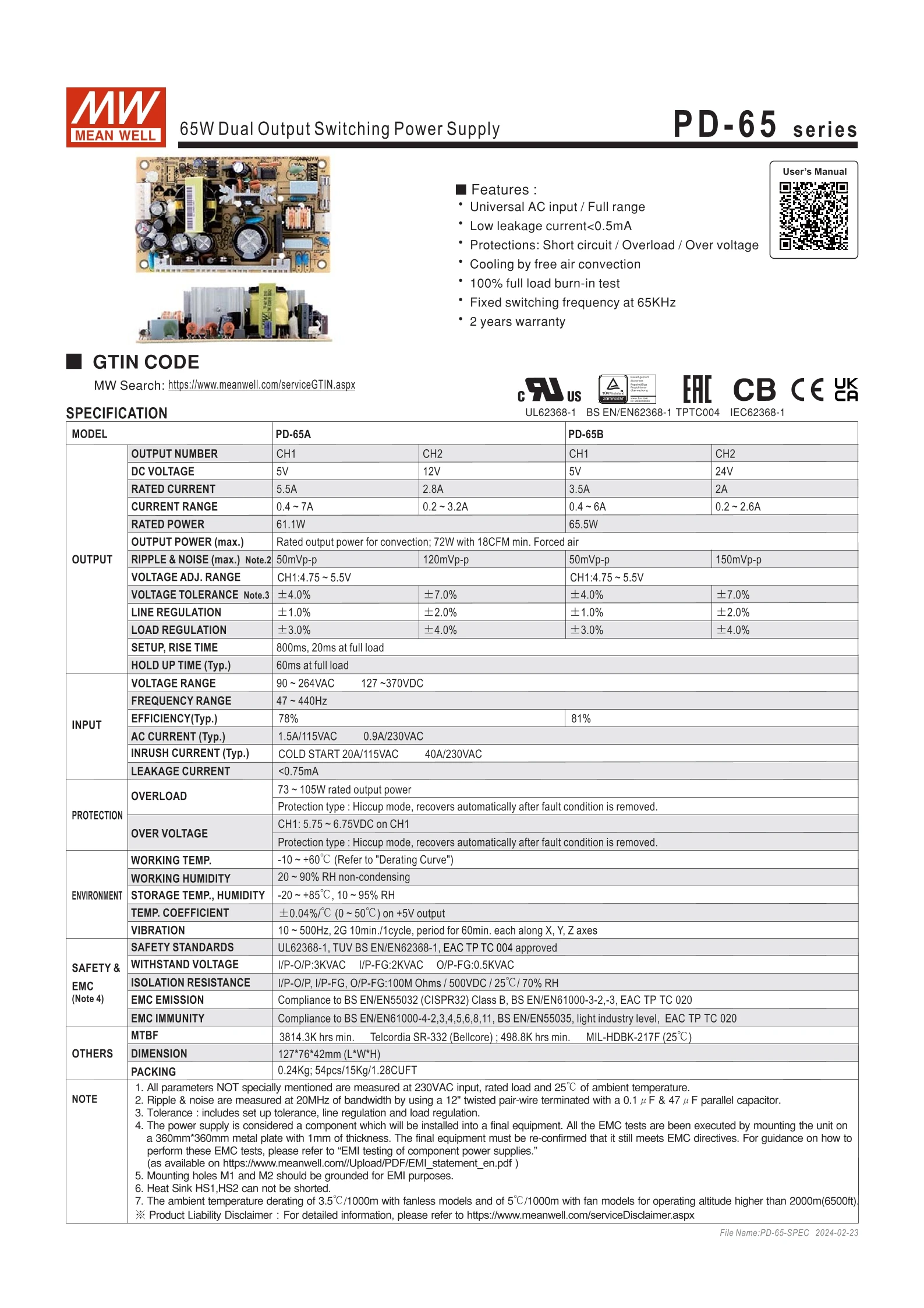 Description Picture 2 of itemMEAN WELL  65W Dual Output Switching Power Supply PD-65A | 5V12V  PD-65B | 5V24V