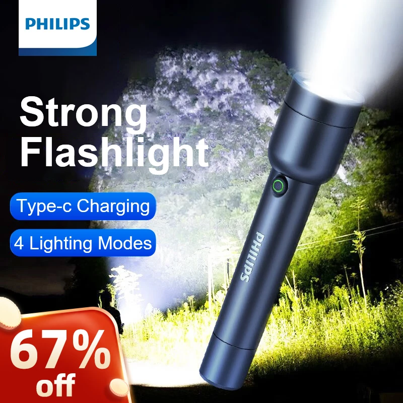  Philips LED Flashlight With USB 18650 Rechargeable Battery 4 Lighting Modes Waterproof Outdoor Camping Self Defense Flashlights 