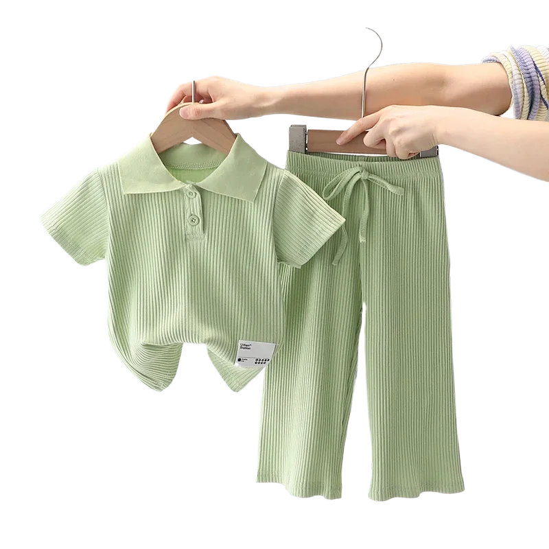 

2024 New Summer Girls T-Shirt Set Short Sleeve Lapel Pullover Tops Elastic Waist Straight Pants Girl Casual Clothes 2Pcs Suits