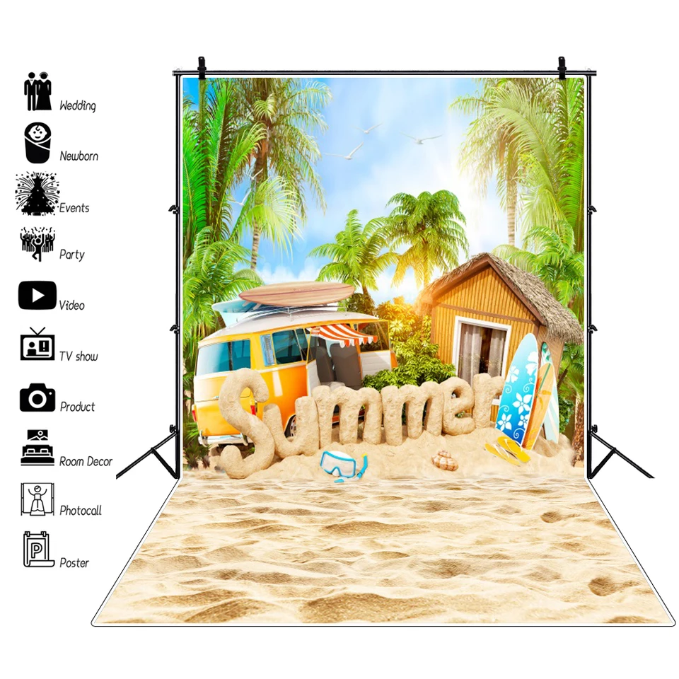 Loccor 6x4ft Fabric Cartoon Beach Backdrop Tropical Palm Tree Ocean Coastal Scenery Photography Background Beach Birthday Party Decorations Baby Children Portrait Photo Booth Shooting Studio Props