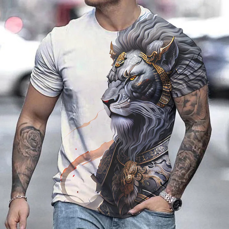 

Street Vintage Men's T-Shirt Fashion 3d Fierce Animal Short Sleeve Shirts Casual Breathable Sweatshirt Summer Lion Pattern Tee