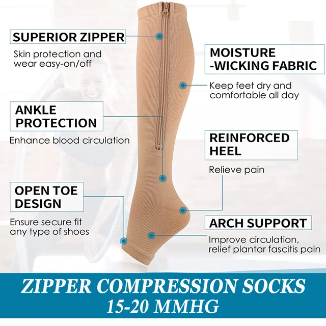 Zipper Compression Socks 15-20 mmHg for Men Women, Open Toe Leg