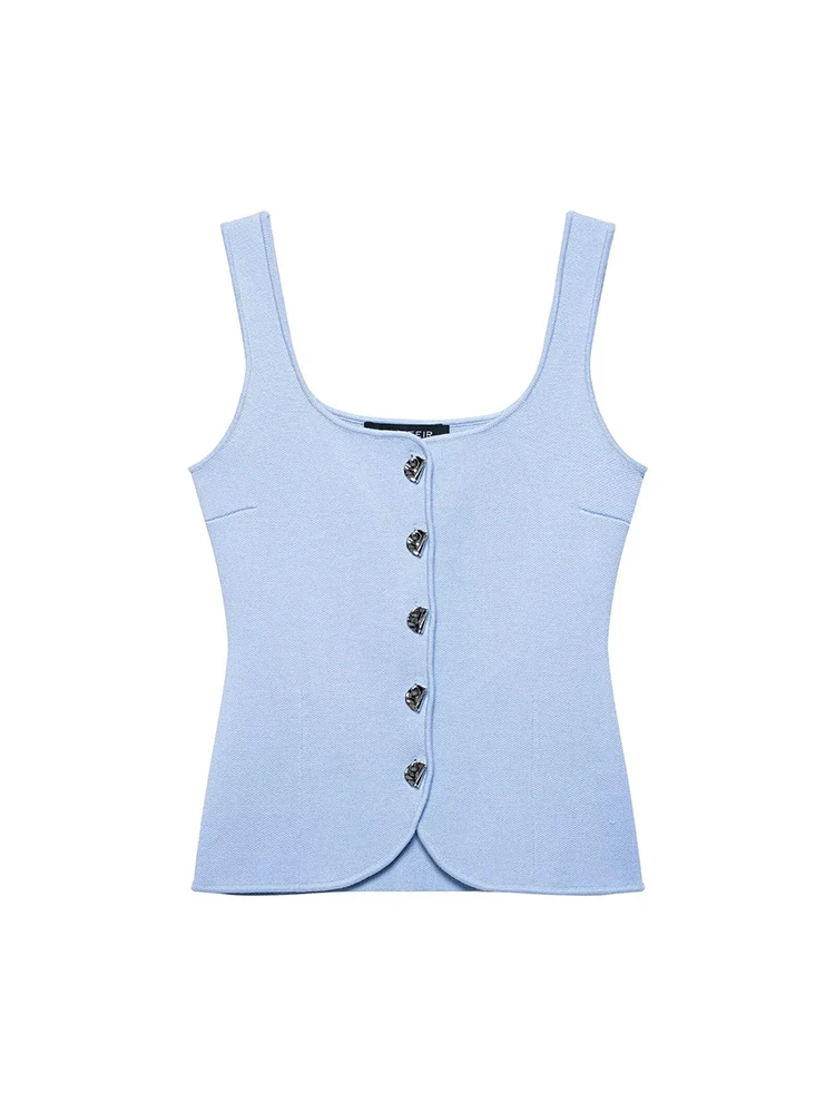 TFMLN 2025 Women Chic Wide Sling Knit Tops Sleeveless Solid Color Single Breasted Camis Tank Lady Slimming Fashion Knitwear