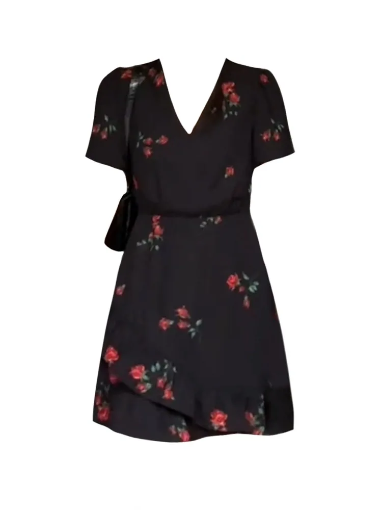 

American Style V-Neck Short Sleeve Sweet Floral Dress Women Elegant Print Slim A-line Dress 2000s New Design One-Piece Frocks