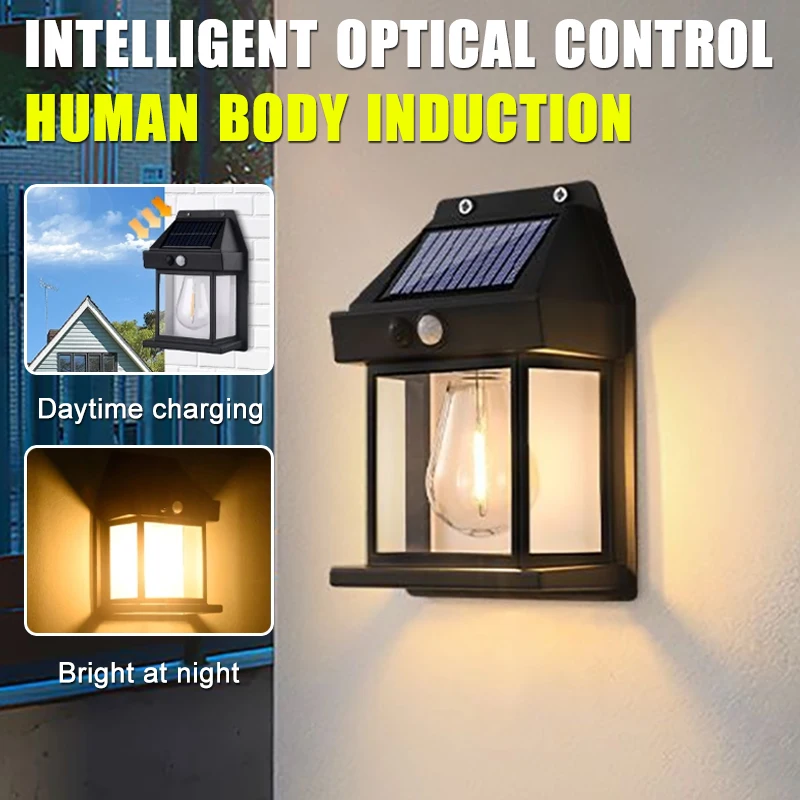 

New Solar Tungsten Filament Lamp Outdoor Waterproof Intelligent Induction Wall Lamp Courtyard Garden Villa Lighting Night Light