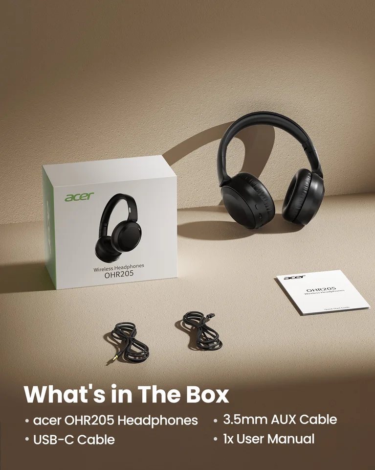 Acer OHR205 Kabelloser Bluetooth 6.0 Faltbarer Over-Ear-Kopfhörer mit Memory-Schaum-Ohrpolstern und Multipoint-Verbindung für Reisen, Zuhause und Büro_voghion.com
