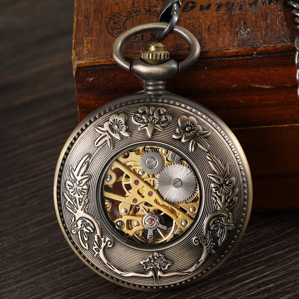 Solid Wood Mechanical Pocket Watch Men Chain Retro Roman Dial Hollow Clock Steampunk Gift Stainless Steel Watch Women Box reloj