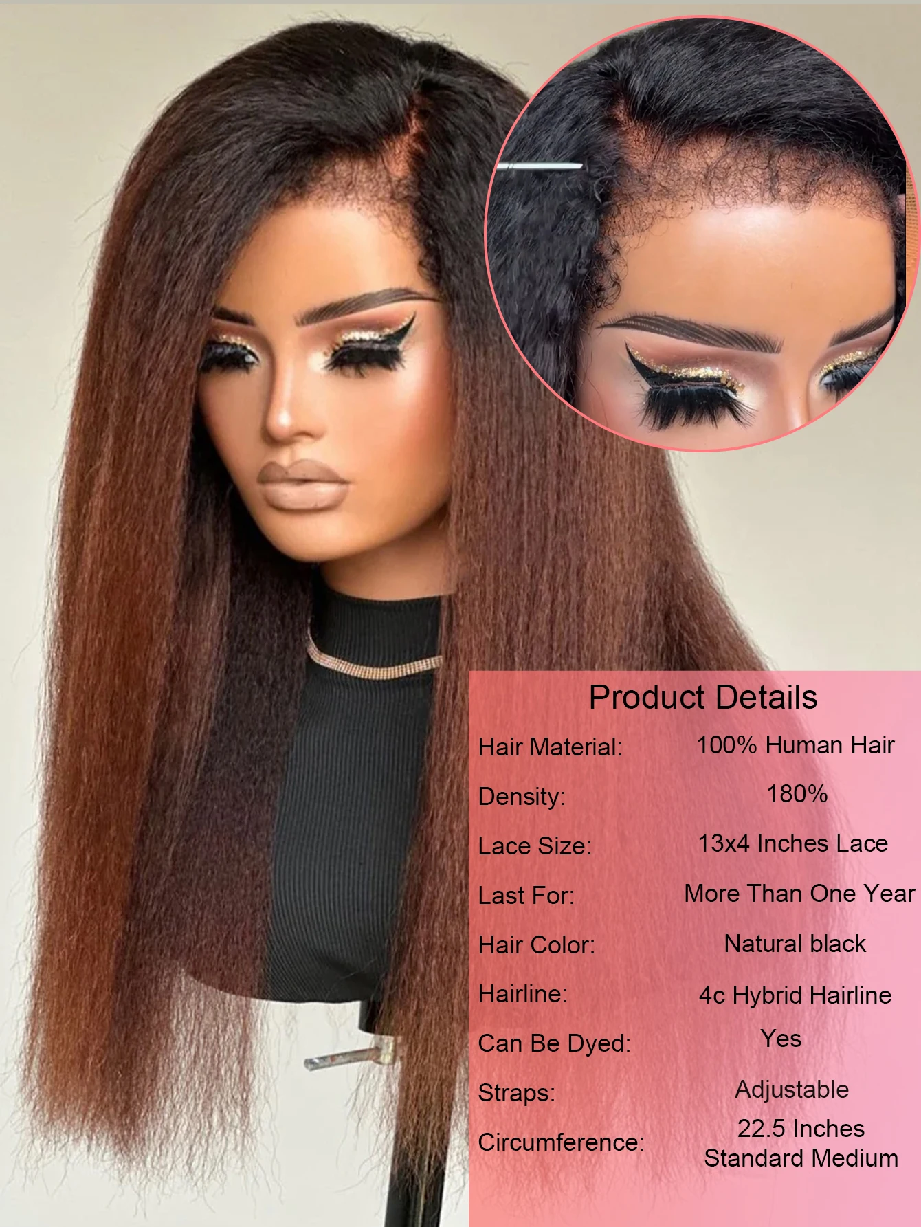 13x4 Lace Front Wig Ombre Kinky Straight Human Hair Wigs With 4C kinky Edges Coarse Yaki Lace Front Closure Wig Preplucked 180%
