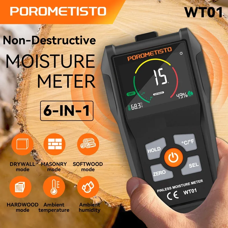 Wood Moisture Meter 6-in-1 Handheld Digital Moisture Meter Pinless Wood Moisture Meters WT01 Detector Non-Destructive Water Leak Detector