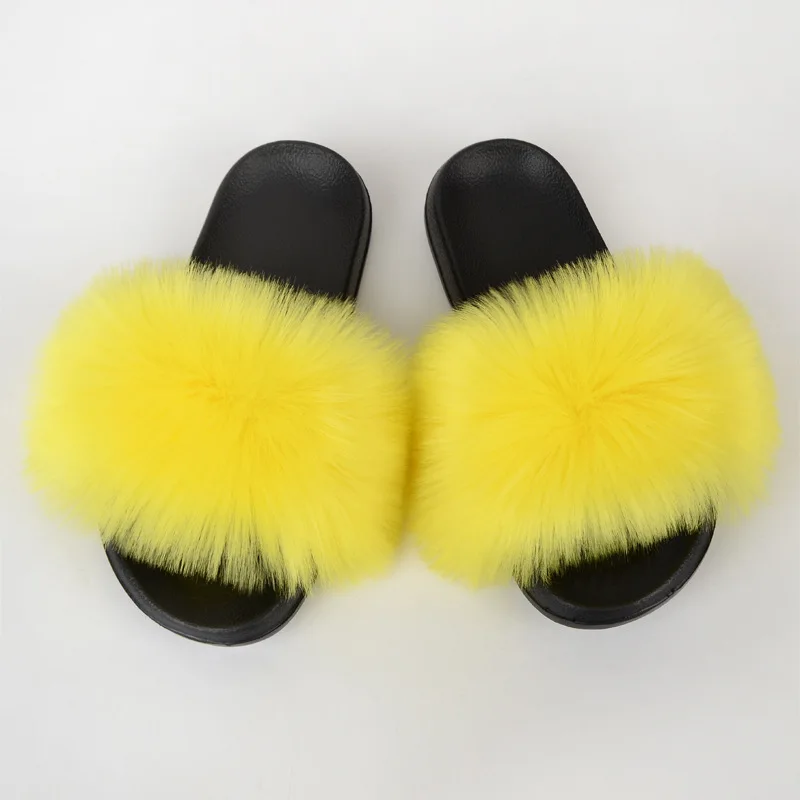 Children Slides Faux Fox Fur Slippers Kids Fluffy Raccoon Sandals Fashion Furry Home Flat Flip Flops Baby Girls Cute Plush Shoes 4
