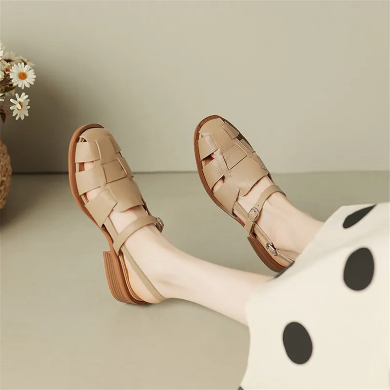 2023 Summer Sandals Cowhide Round Toe Women Sandals Chunky Heel Women Shoes Cover Toe Shoes for Women Hollow Out Roman Shoes