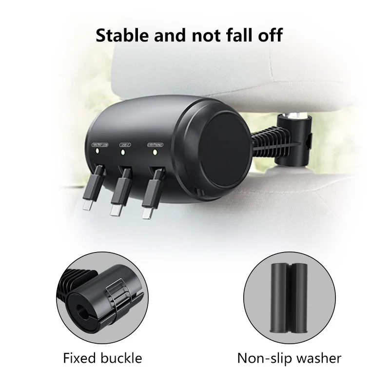 Car Headrest Style Phone All In 1 Retractable Charging Cable Auto 3 in 1 Micro USB Lightning Type-C Power Car Charging Station