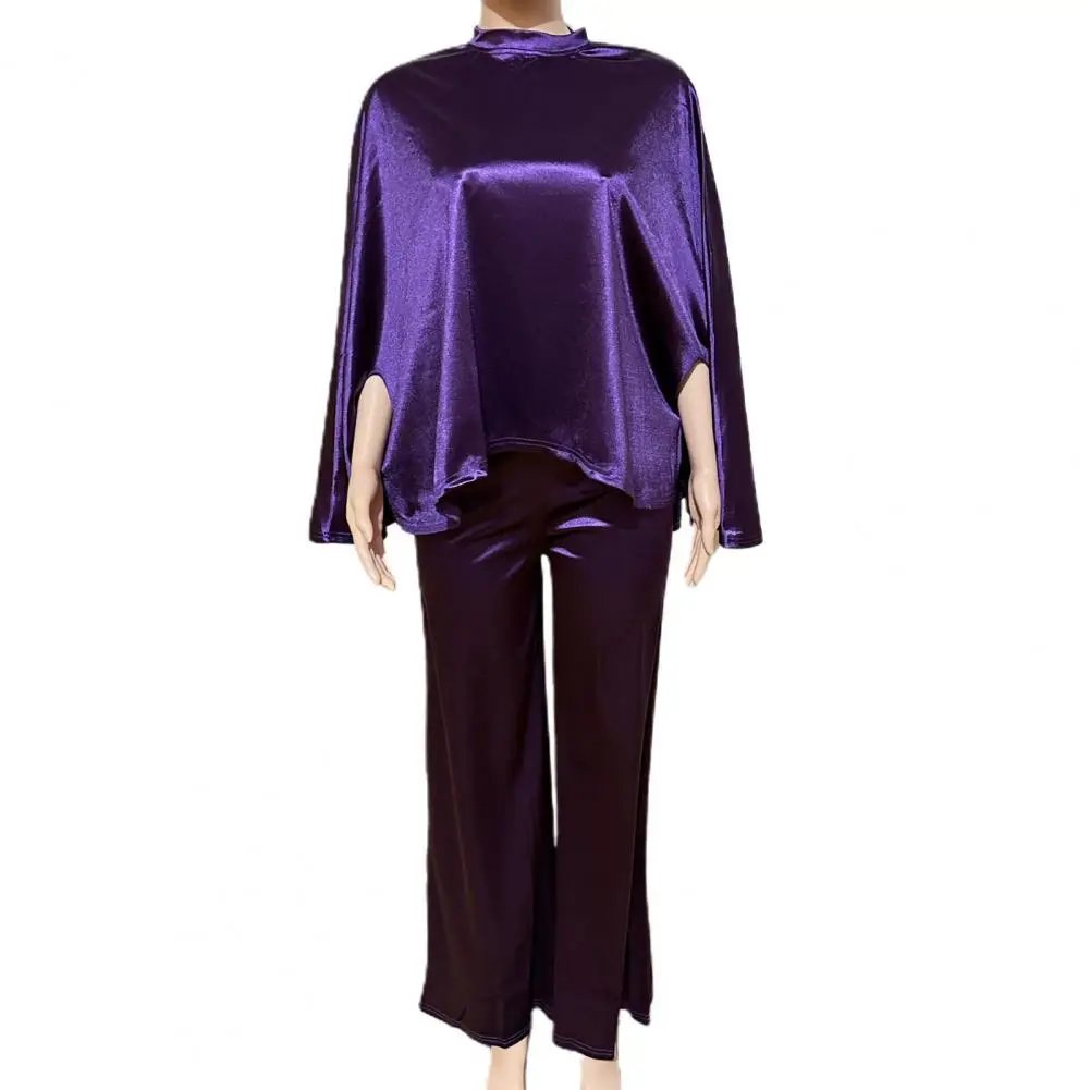 

Женский комплект из двух предметов, стильные атласные комплекты из двух предметов для женщин, топ с круглым вырезом и рукавом «летучая мышь», элегантные свободные брюки с высокой талией в африканском стиле