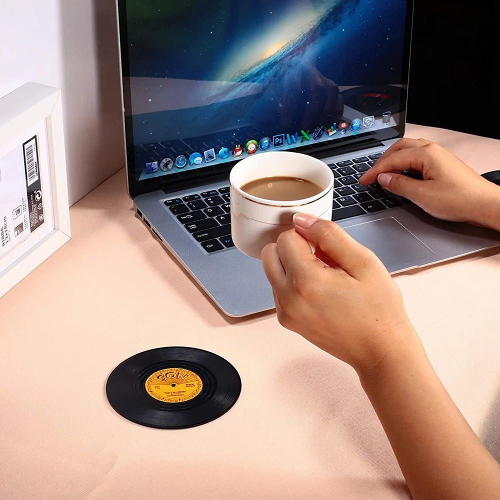 Plastic Cup Mat 6pc Record Cup Retro Disk Anti-slip Coasters