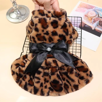 Autumn Winter Pet Dog Clothes Plush Coat Leopard Print Dress for Small Dog Cat Jacket Faux Fluffy Bowknot Skirt Bulldog Pug Pood 1