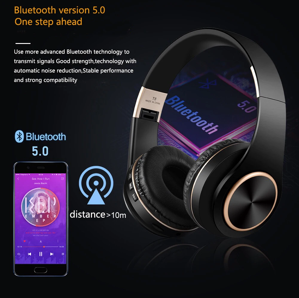 MP3 Player Noise Canceling Headphones Blutooth T8 Foldable With Audio Cable Bluetooth Earphone Hedset Earphones Big Ear Phones