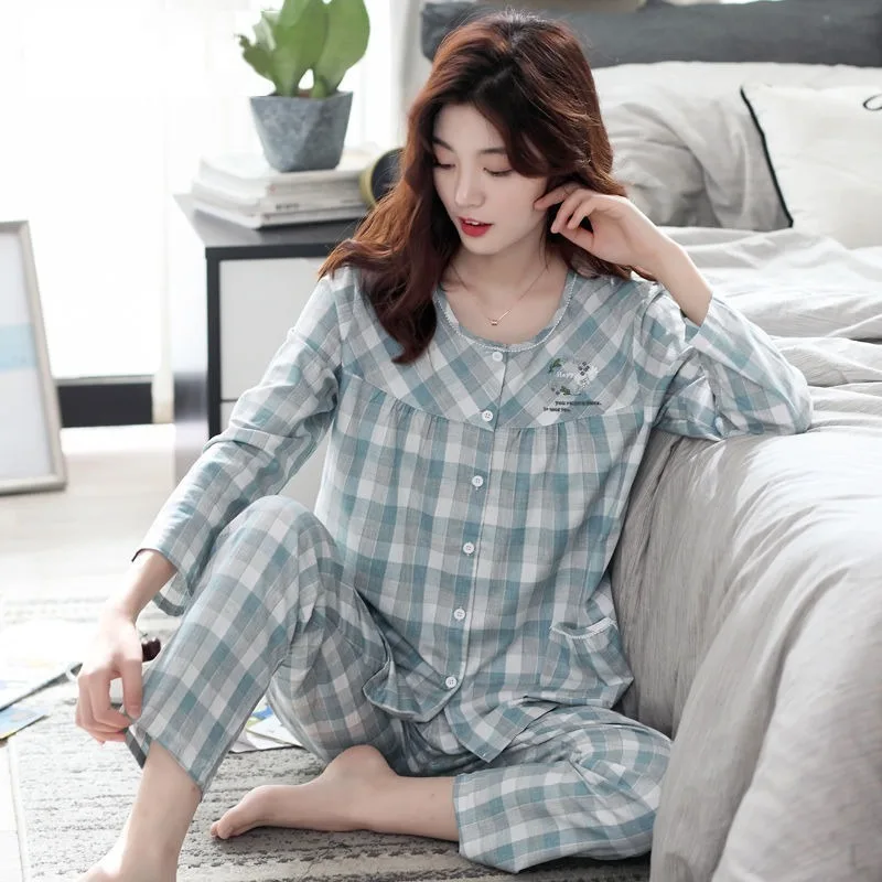 2023 Summer Pure Cotton Pajamas for Women Long Sleeved Large Size Pajamas for Women Set for Home Wear Can Be Worn Externally women s pajamas summer the new red loose ice silk printing pajamas fashion can be worn outside tracksuit