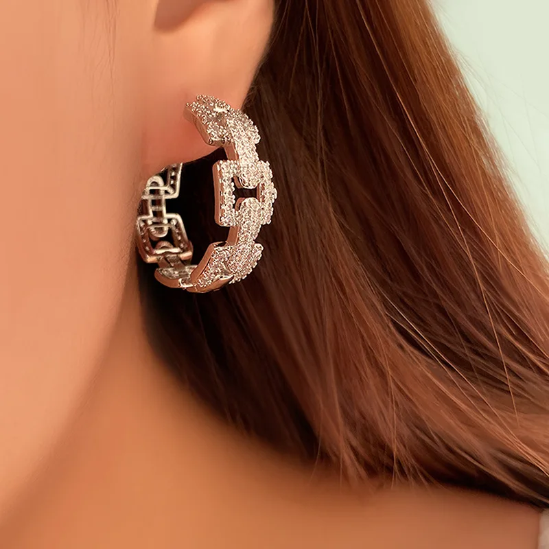 Luxury Punk Trend Zircon Links Hoop Earrings Women Cuban Chain Statement Party Banquet Dubai Africa Jewelry Brincos aretes Aros