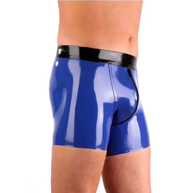Rubber Panties Shorts Blue with Black Latex Boxer Male Underwear with Front Zip Handmade male underwear