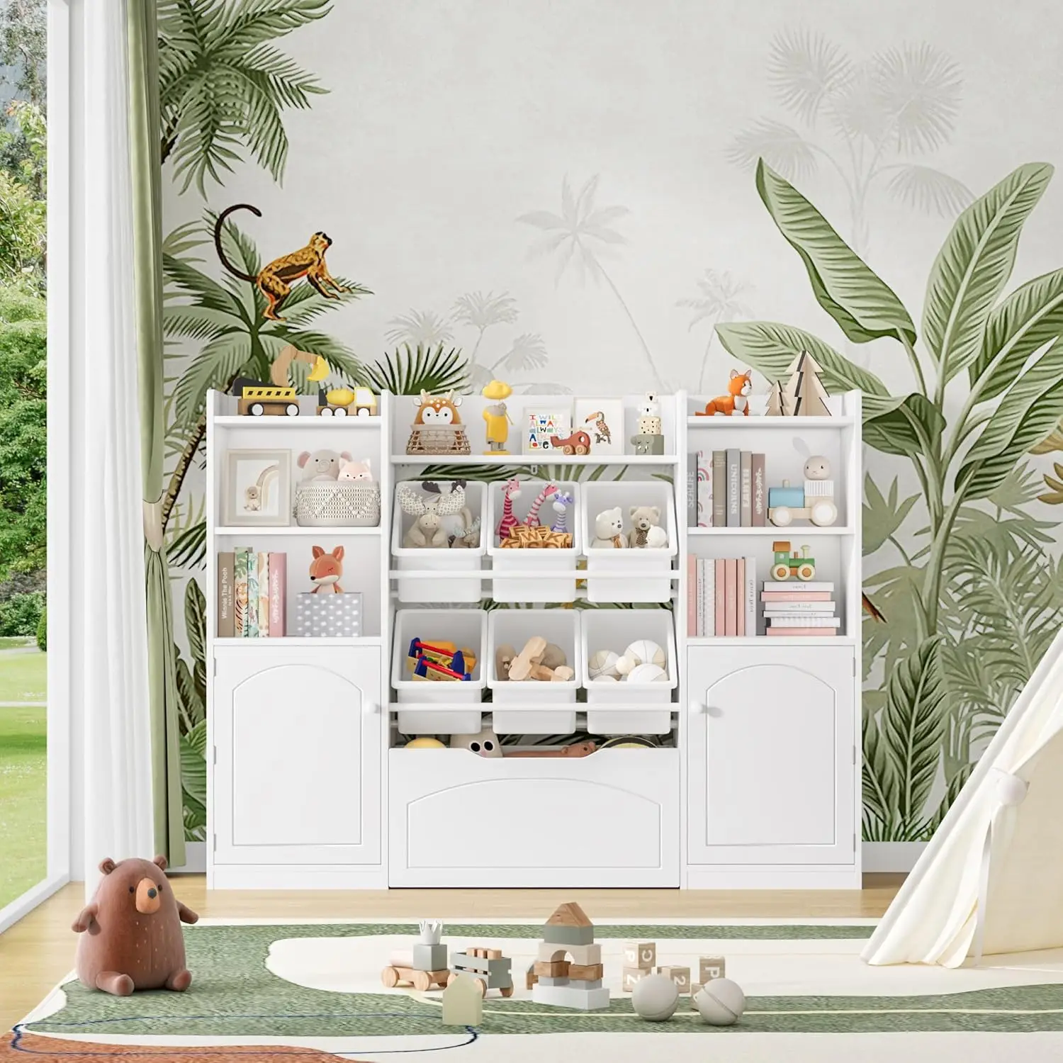 Toy Storage Organizer,5-in-1 Kids Bookshelf with Movable Drawer and Book Shelves Behind The Doors,Toy Organizer Playroom Storage 4