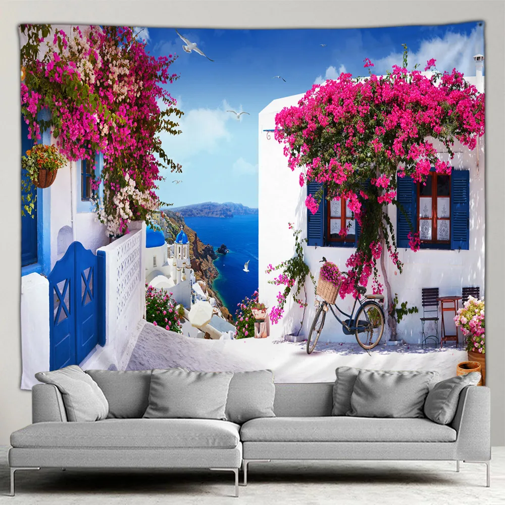 Greece Town Hippie Tapestry Spring Flower Street Tapestry Home Courtyard Patio Wall Hanging Art Living Room Mural