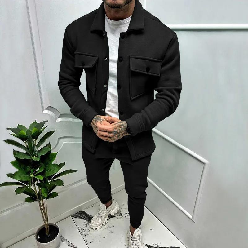 

2023 Men Fashion Set Men's Autumn Winter Button Casual Jacket Pants 2 Piece Set Suede Jacket Jogging Suit Men