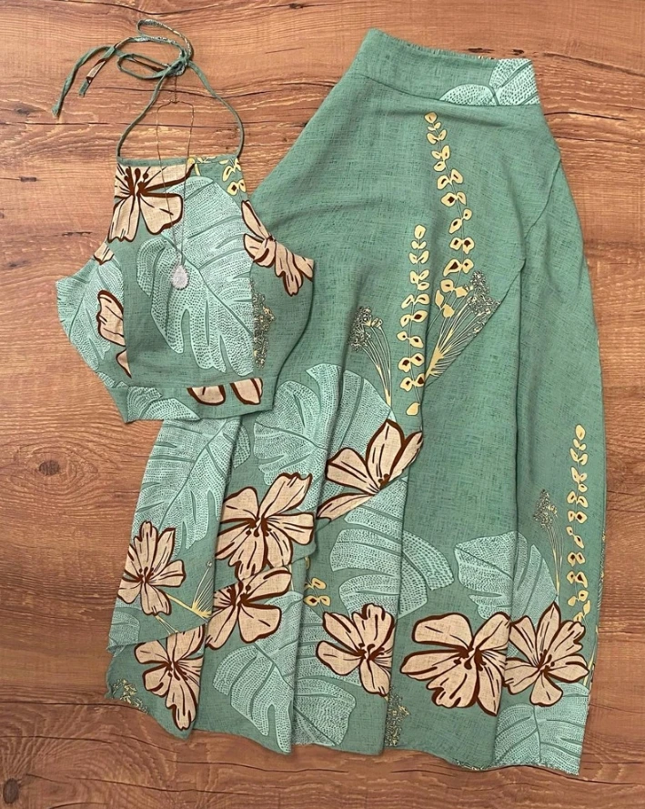 

2024 Women's Suspender Palm Leaf Flower Print Backless Top and Pleated Midi Skirt Set