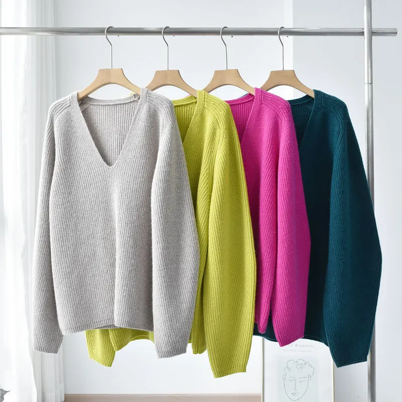 

Thick Wool Blended Sweaters Women V-Neck Pullover Autumn Winter Knitted Pit Stripes Loose Jumpers Knitwear Tops Long Sleeve Top