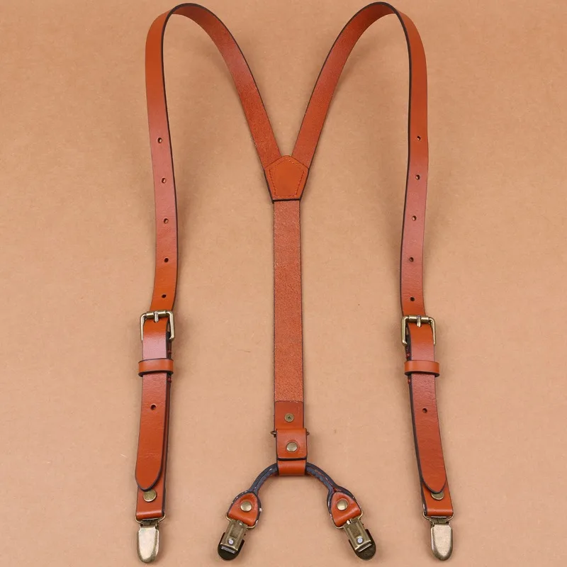 

2*140Cm Vintage Genuine Leather Suspenders 4-Clips Y-Back Adjustable Suspenders For Men Suspenders Man For Pants Braces